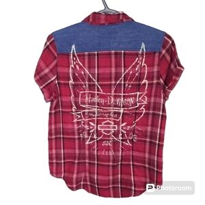 Harley-Davidson Denim Accent Short Sleeve Plaid Shirt‎ Size Small Back Graphic